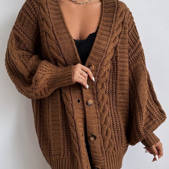 Brown Casual Womens Solid Button Front Cable Knit Cardigan - Picture 5 of 5